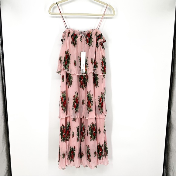 Ganni Pleated Georgette Strap Midi Dress in Cherry Blossoms Size 40 - Picture 2 of 10